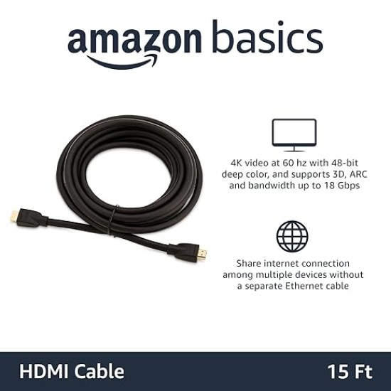 HDMI Cable 15 Feet High-Speed HDMI Cable (Black) - Supports Ethernet, 3D, 4K video