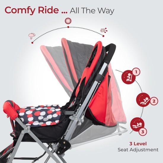 LuvLap Sunshine Baby Stroller/Pram for 0 to 3 Years, New Born/Toddler/Kid, 5 Point Safety Harness, Adjustable backrest, 360° Swivel Wheel, Large Storage Basket, Reversible Handlebar (Red)
