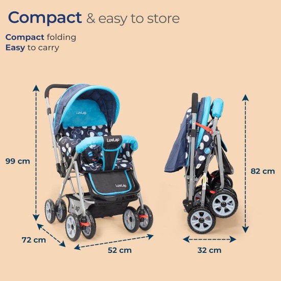 LuvLap Sunshine Baby Stroller/Pram for 0 to 3 Years, New Born/Toddler/Kid, 5 Point Safety Harness, Adjustable backrest, 360° Swivel Wheel, Large Storage Basket, Reversible Handlebar (Blue)