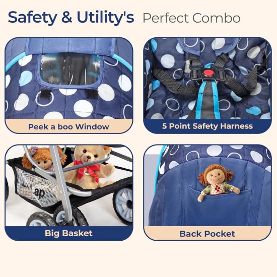 LuvLap Sunshine Baby Stroller/Pram for 0 to 3 Years, New Born/Toddler/Kid, 5 Point Safety Harness, Adjustable backrest, 360° Swivel Wheel, Large Storage Basket, Reversible Handlebar (Blue)