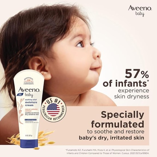 Aveeno Baby Soothing Relief Moisture Cream 227g | 24-Hour Protection for Dry, Itchy or Sensitive Skin | Natural oat extract | Fragrance-free, paraben-free, Hypoallergenic | US #1 Pediatrician recommended