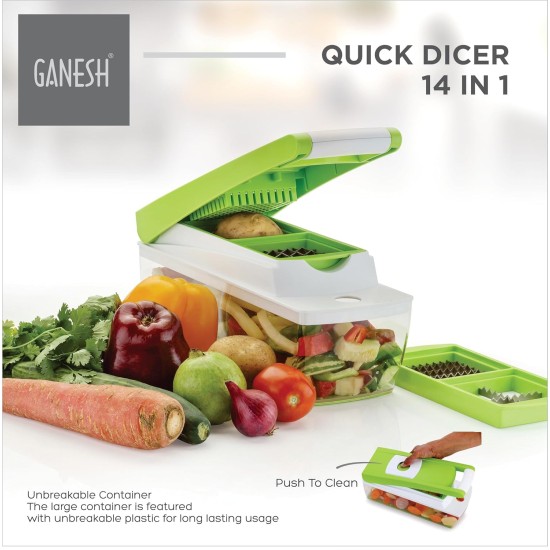 Ganesh 14 in 1 Multipurpose Chopper, Fruits & Vegetable Cutters, Grater Peeler Chipser, Unbreakable Food Grade Body, Easy Push to Clean Button Slicer Dicer, Chopper for Kitchen (Green, Plastic)