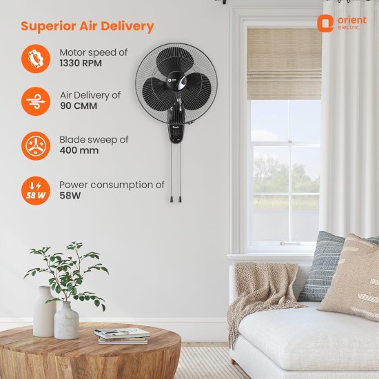 Orient Electric 400 MM Wall-44 Trendz Mount Fan | Wall Mount Fan for Home & Kitchen | Powerful Motor with High Air Delivery |Smooth Oscilation, 3-Speed Control | 2 Years Warranty | Slate Grey