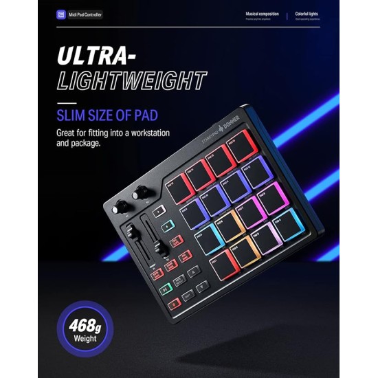 Donner MIDI Pad Controller Keyboard USB Type-C, Professional Drum Pad Machine Beat Maker with 16 Pads, MIDI Out, 2 Assignable Faders and Buttons (STARRYPAD MINI, Black) Donner MIDI Pad Controller Keyboard USB Type-C, Professional Drum Pad Machine Beat Maker with 16 Pads, MIDI Out, 2 Assignable Faders and Buttons (STARRYPAD MINI, Black)
