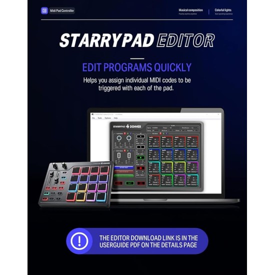Donner MIDI Pad Controller Keyboard USB Type-C, Professional Drum Pad Machine Beat Maker with 16 Pads, MIDI Out, 2 Assignable Faders and Buttons (STARRYPAD MINI, Black) Donner MIDI Pad Controller Keyboard USB Type-C, Professional Drum Pad Machine Beat Maker with 16 Pads, MIDI Out, 2 Assignable Faders and Buttons (STARRYPAD MINI, Black)