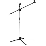 Powerpak MS-1001 3 Leg Boom Dual Microphone Stand with Dual Mic Clip Holders | for Studio Recording, Speech, Stage,Outdoor Activities (Black)