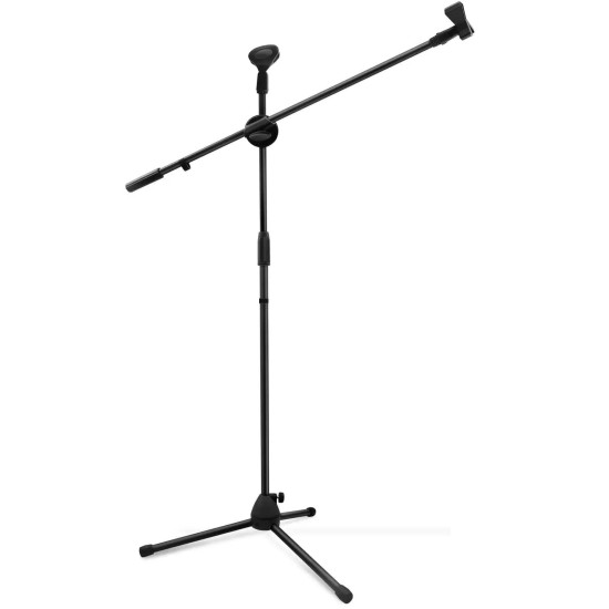 Powerpak MS-1001 3 Leg Boom Dual Microphone Stand with Dual Mic Clip Holders | for Studio Recording, Speech, Stage,Outdoor Activities (Black)