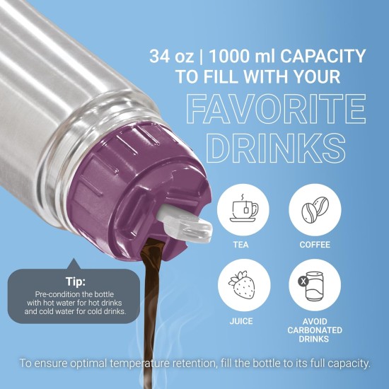 Milton Glassy 1000 Thermosteel 24 Hours Hot and Cold Water Bottle with Drinking Cup Lid, 1 Litre, Purple Milton Glassy 1000 Thermosteel 24 Hours Hot and Cold Water Bottle with Drinking Cup Lid, 1 Litre, Purple