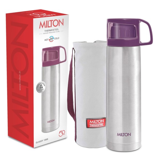Milton Glassy 1000 Thermosteel 24 Hours Hot and Cold Water Bottle with Drinking Cup Lid, 1 Litre, Purple Milton Glassy 1000 Thermosteel 24 Hours Hot and Cold Water Bottle with Drinking Cup Lid, 1 Litre, Purple