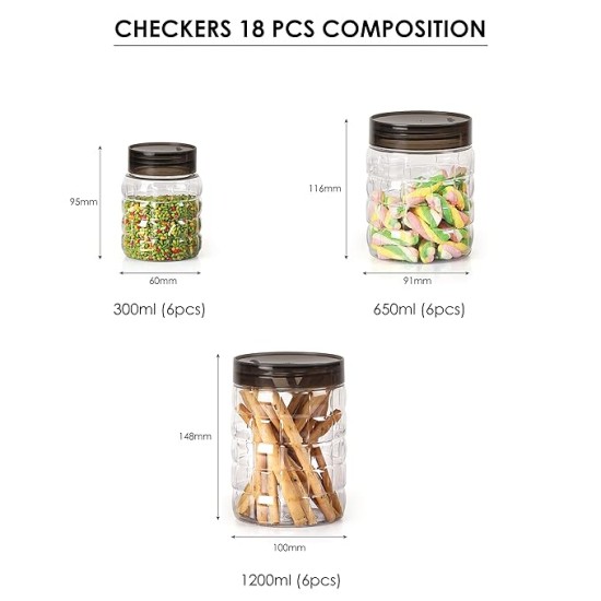 CELLO Checkers Pet Plastic Airtight Canister Set | Food grade and BPA free canisters | Air tight seal & Stackable Transparent | 300ml x 6, 650ml x 6, 1200 x 6, Set of 18 CELLO Checkers Pet Plastic Airtight Canister Set | Food grade and BPA free canisters | Air tight seal & Stackable Transparent | 300ml x 6, 650ml x 6, 1200 x 6, Set of 18