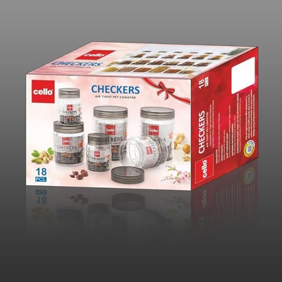 CELLO Checkers Pet Plastic Airtight Canister Set | Food grade and BPA free canisters | Air tight seal & Stackable Transparent | 300ml x 6, 650ml x 6, 1200 x 6, Set of 18 CELLO Checkers Pet Plastic Airtight Canister Set | Food grade and BPA free canisters | Air tight seal & Stackable Transparent | 300ml x 6, 650ml x 6, 1200 x 6, Set of 18
