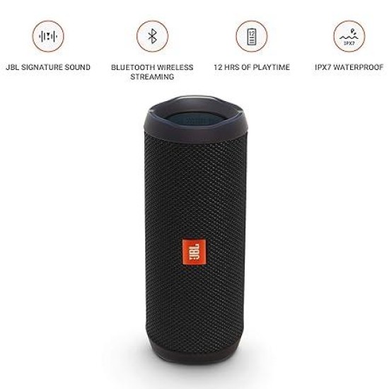 JBL Flip 4, Wireless Portable Bluetooth Speaker with Mic, Signature Sound with Bass Radiator, Vibrant Colors with Rugged Fabric Design, Connect+, IPX7 Waterproof & AUX (Black) JBL Flip 4, Wireless Portable Bluetooth Speaker with Mic, Signature Sound with Bass Radiator, Vibrant Colors with Rugged Fabric Design, Connect+, IPX7 Waterproof & AUX (Black)