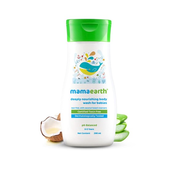 Mamaearth Deeply Nourishing Body Wash For Babies - 200ml | Infused with Coconut Oil, Orange Essential Oil & Aloe Vera Extract | Deeply Nourishing, Tear-Free Cleanser