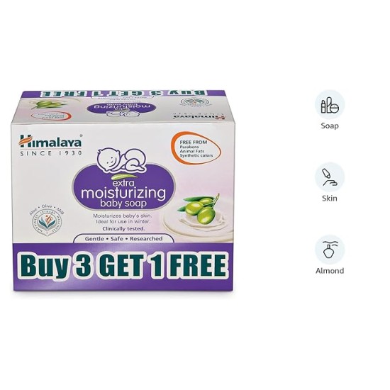 Himalaya Extra Moisturizing Baby Soap buy 3 GET 1FREE (3 N*75+1N 75g Free) No 1 Doctor Prescribed Brand | Aloe, Olive, Milk| Cleanses & Moisturizes Baby's Skin