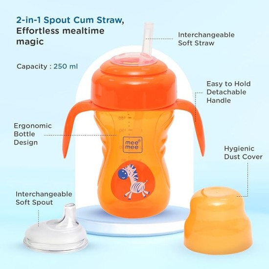 Mee Mee Baby Trainer Sippy Cup | Soft Spout, Leakproof Sipper for Toddlers | Dual Handle for Easy Grip | Non -Toxic, Lightweight & BPA Free, Orange (210 Ml)