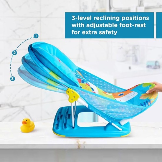 Mee Mee Newborn Baby Bather | Bath Chair for Newborns and Infants 0-12 Months | Foldable | 3 Position Adjustable chair | Anti Skid Base | Washable Soft Mesh Seat | for Babies Upto 5Kg (Blue)