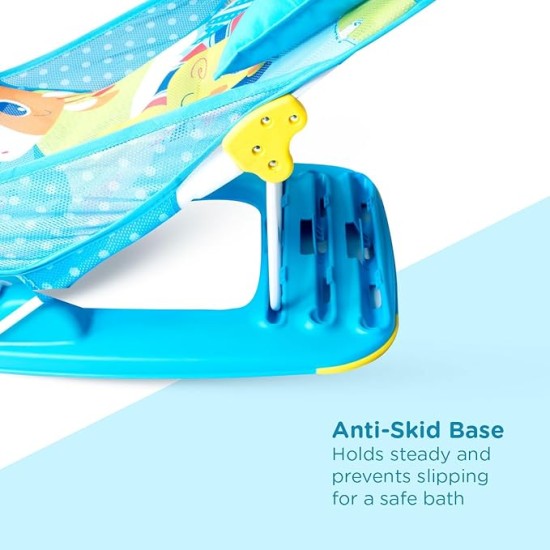 Mee Mee Newborn Baby Bather | Bath Chair for Newborns and Infants 0-12 Months | Foldable | 3 Position Adjustable chair | Anti Skid Base | Washable Soft Mesh Seat | for Babies Upto 5Kg (Blue)