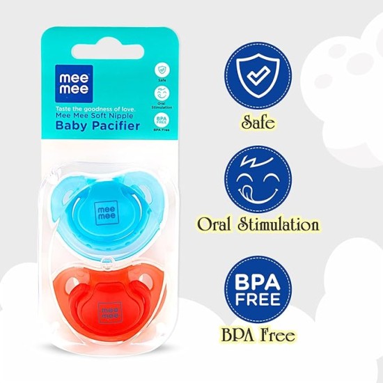 Mee Mee Baby Pacifier Ultra Light Soft Silicone Nipple| BPA Free | Oral stimulatory | Teether | Pack of 2 | 0-6 months + Kids (Blue/Red) Mee Mee Baby Pacifier Ultra Light Soft Silicone Nipple| BPA Free | Oral stimulatory | Teether | Pack of 2 | 0-6 months + Kids (Blue/Red)