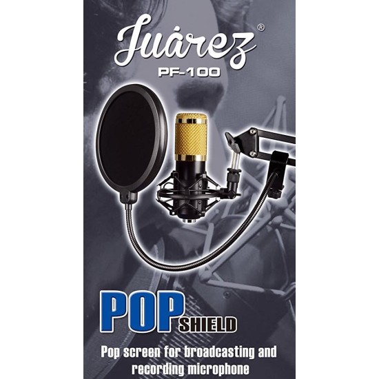 Juârez PF-100 6-inch Studio Microphone Pop Filter Shield Mask, Double Mesh Wind Screen with 360° Flexible Gooseneck and Quick Mount or Release Clamp for Recording, Singing and Broadcast Studio