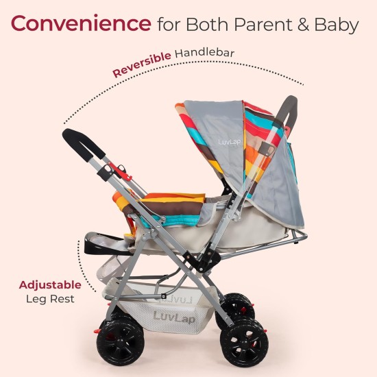 LuvLap Sunshine Baby Stroller/Pram for 0 to 3 Years, New Born/Toddler/Kid, 5 Point Safety Harness, Adjustable backrest, 360° Swivel Wheel, Large Storage Basket, Reversible Handlebar (Stripes)