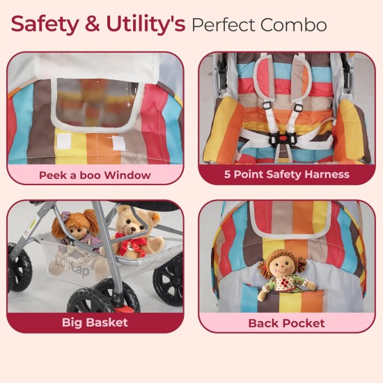 LuvLap Sunshine Baby Stroller/Pram for 0 to 3 Years, New Born/Toddler/Kid, 5 Point Safety Harness, Adjustable backrest, 360° Swivel Wheel, Large Storage Basket, Reversible Handlebar (Stripes)