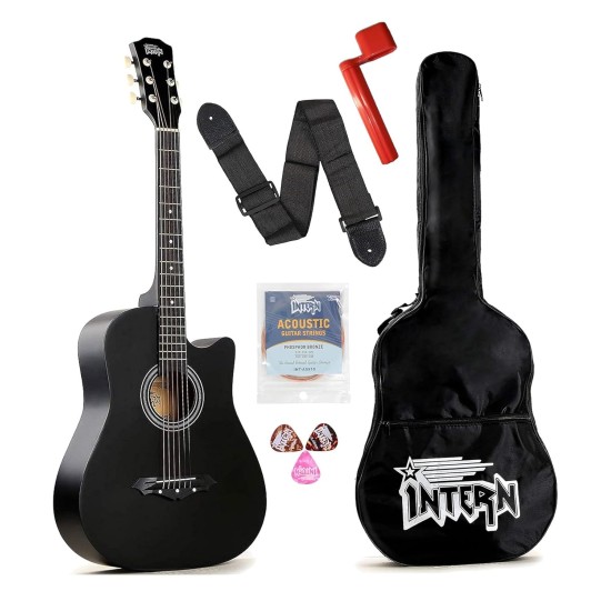 Intern INT-38C-SB Right hand Acoustic Guitar Kit, With Bag, Strings, Pick, Strap and String Winder (38C, BLACK)