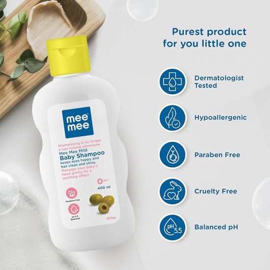 Mee Mee Gentle Baby Shampoo 400ml | For Daily Moisturizing Enriched with Olive Extracts | Tear-Free Formula Nourishes, Soothes, & Protects Sensitive Skin | Hypoallergenic, Sulfate and Paraben-Free | Skin Friendly PH