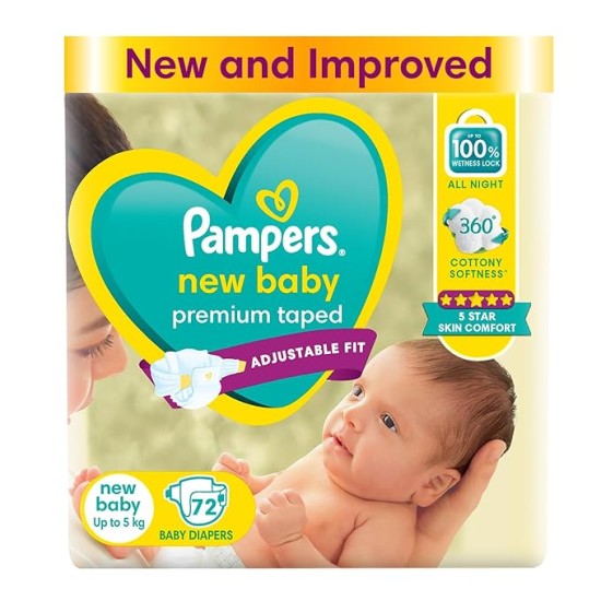 Pampers Active Baby Tape Style Baby Diapers, Newborn/Extra Small (NB/XS) Size, 72 Count, Adjustable Fit with 5 star skin protection, Up to 5kg Diapers