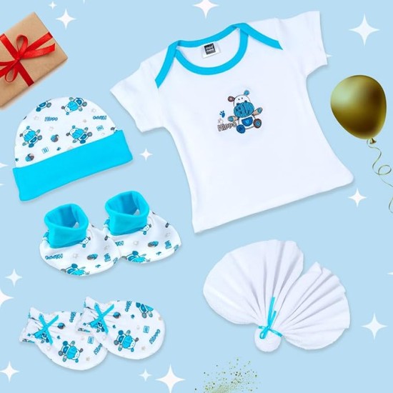 Mee Mee New Born Baby Gift Set | Soft Cotton Clothing Essentials for Infants/Baby Girls, Boys | Baby Shower Clothing Hamper (5 Pieces, Blue)| Ideal Gift for New Born Baby