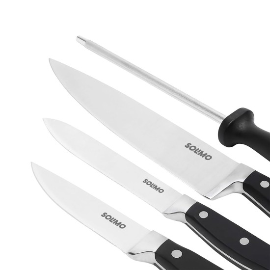 Solimo Premium High-Carbon Stainless Steel Kitchen Knife Set, 4-Pieces (with Sharpener), Silver