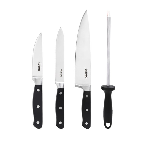 Solimo Premium High-Carbon Stainless Steel Kitchen Knife Set, 4-Pieces (with Sharpener), Silver