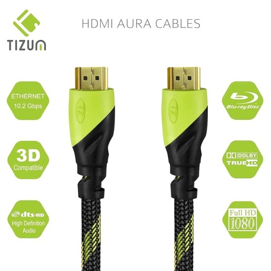 TIZUM High Speed HDMI Cable “Aura” -Gold Plated-High Speed Data 10.2Gbps, 3D, 4K, HD 1080P (33 Ft/10 M)