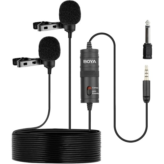 Boya By-M1Dm Dual Lavalier Universal Auxiliary Microphone With A Single 1/8 Stereo Connector For Smartphones Dslr Cameras Camcorders, Black, For Action Cameras With Cleaning Cloth(Gopro, Sjcam)