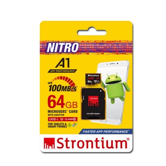 Strontium Nitro A1 64GB Micro SDXC Memory Card 100MB/s A1 UHS-I U3 Class 10 with High Speed Adapter for Smartphones Tablets Drones Action Cams (SRN64GTFU3A1A) Strontium Nitro A1 64GB Micro SDXC Memory Card 100MB/s A1 UHS-I U3 Class 10 with High Speed Adapter for Smartphones Tablets Drones Action Cams (SRN64GTFU3A1A)