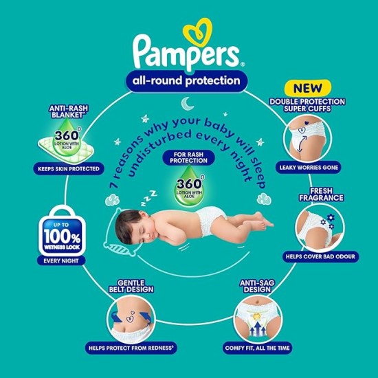 Pampers All Round Protection Pants Style Baby Diapers, Large size (L), 64 Count, 9-14kg, Anti-rash blanket, 360 degree Lotion with Aloe Vera