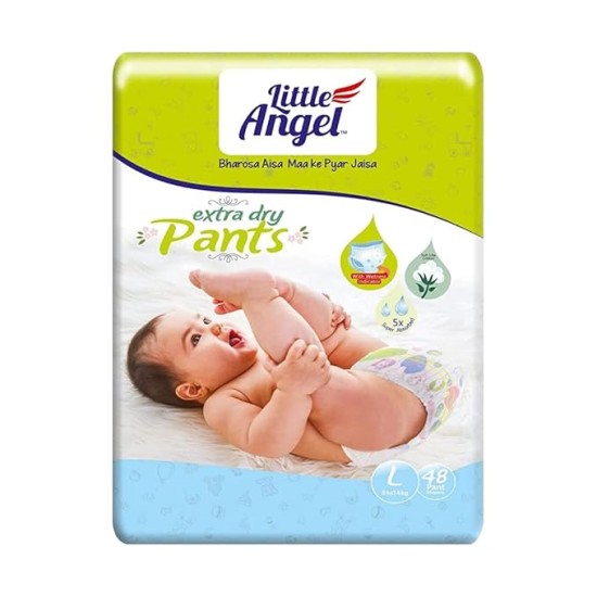 Little Angel Extra Dry Baby Pants Diaper, Large (L) Size, 48 Count, Super Absorbent Core Up to 12 Hrs. Protection, Soft Elastic Waist Grip & Wetness Indicator, Pack of 1, 8-14kg Little Angel Extra Dry Baby Pants Diaper, Large (L) Size, 48 Count, Super Absorbent Core Up to 12 Hrs. Protection, Soft Elastic Waist Grip & Wetness Indicator, Pack of 1, 8-14kg