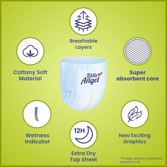 Little Angel Extra Dry Baby Pants Diaper, Large (L) Size, 48 Count, Super Absorbent Core Up to 12 Hrs. Protection, Soft Elastic Waist Grip & Wetness Indicator, Pack of 1, 8-14kg Little Angel Extra Dry Baby Pants Diaper, Large (L) Size, 48 Count, Super Absorbent Core Up to 12 Hrs. Protection, Soft Elastic Waist Grip & Wetness Indicator, Pack of 1, 8-14kg