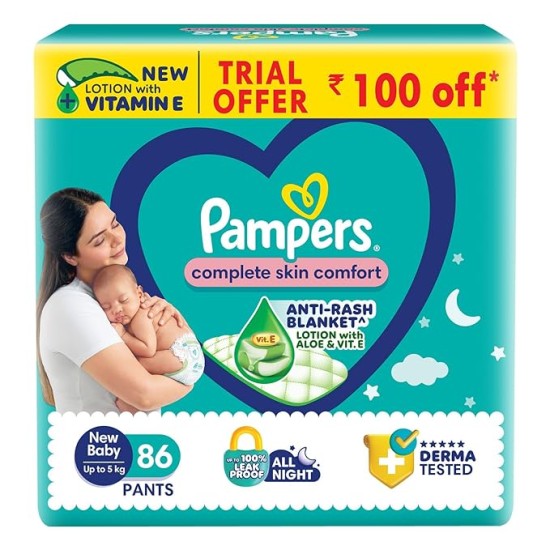 Pampers Complete Skin Comfort Pants, Anti-Rash Blanket, Lotion with Vitamin E & Aloe Vera, New Born, Extra Small Size Baby Diapers (NB,XS) 86 Count, Upto 5kg Pampers Complete Skin Comfort Pants, Anti-Rash Blanket, Lotion with Vitamin E & Aloe Vera, New Born, Extra Small Size Baby Diapers (NB,XS) 86 Count, Upto 5kg