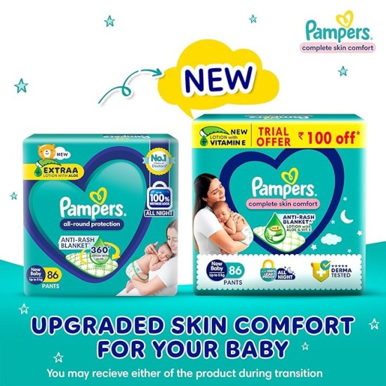Pampers Complete Skin Comfort Pants, Anti-Rash Blanket, Lotion with Vitamin E & Aloe Vera, New Born, Extra Small Size Baby Diapers (NB,XS) 86 Count, Upto 5kg Pampers Complete Skin Comfort Pants, Anti-Rash Blanket, Lotion with Vitamin E & Aloe Vera, New Born, Extra Small Size Baby Diapers (NB,XS) 86 Count, Upto 5kg