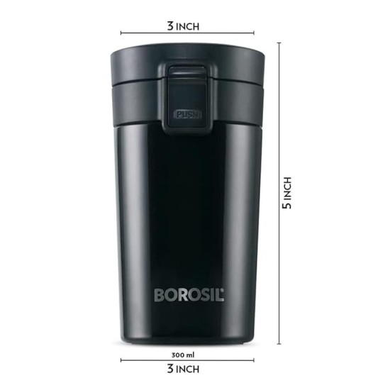 Borosil - vacuum insulated Hydra Coffeemate stainless Steel travel mug - spill proof - hot and cold_BT300BLK110_300ml
