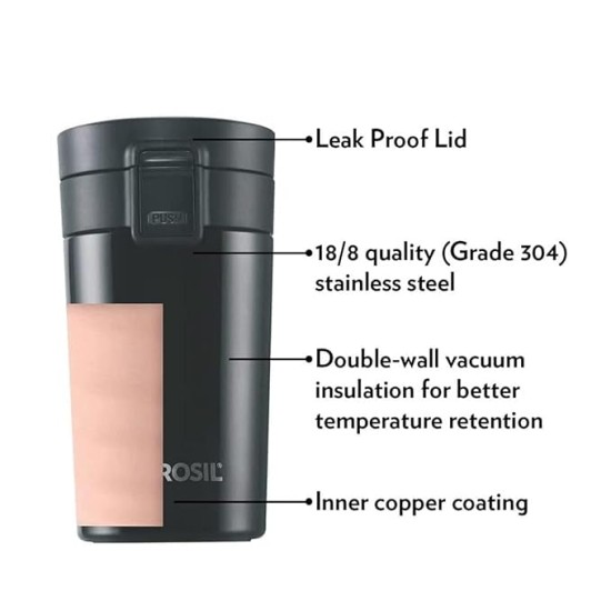 Borosil - vacuum insulated Hydra Coffeemate stainless Steel travel mug - spill proof - hot and cold_BT300BLK110_300ml