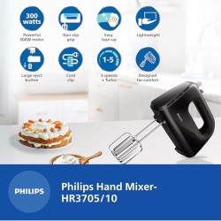 Philips HR3705/10 300 Watt Lightweight Hand Mixer, Blender with 5 speed control settings, stainless steel accessories and 2 years warranty(black color)