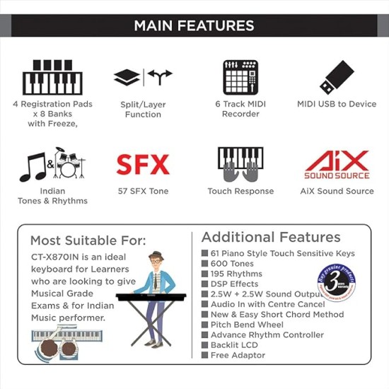 Casio CT-X870IN 61 Keys Portable Keyboard, Black