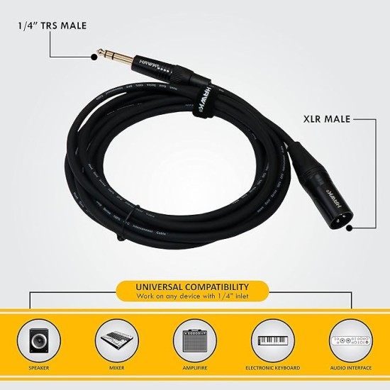 HAWK PROAUDIO SXSG010 Gold Series 6.35mm TRS Male to XLR Male Balanced Interconnect With USB Cable Tie for Monitor - 3 Meter (Black)