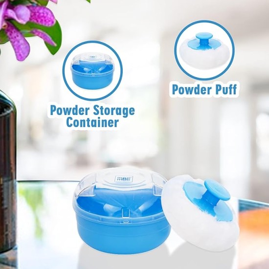 Mee Mee Soft Feel Powder Puff with Box Holder Container for New Born and Kids | Gentle Touch for Your Little One's Skin | BPA-Free | Talcum Powder Container | Portable Baby Grooming Puff Case (Blue)