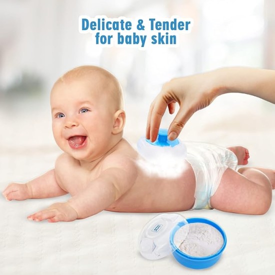 Mee Mee Soft Feel Powder Puff with Box Holder Container for New Born and Kids | Gentle Touch for Your Little One's Skin | BPA-Free | Talcum Powder Container | Portable Baby Grooming Puff Case (Blue)
