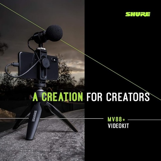 Shure MV88+ Video Kit - Digital Stereo Condenser Microphone for Apple and Android, with Manfrotto PIXI Tripod, Phone Clamp, Mount, iOS and USB-C Cables for Next-Level Connectivity (MV88+ Video KIT)