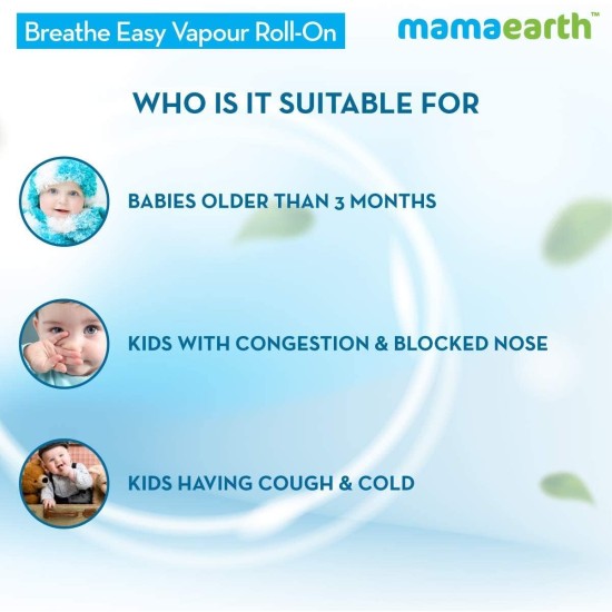 Mamaearth Natural Breathe Easy Vapour Roll-on for Cold & Nasal Congestion, with Wintergreen & Eucalyptus Oil,No Camphor & Mineral Oils, For 3+ Months age 40 ML