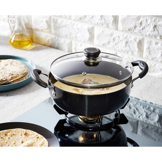 Solimo - Hard Anodized Deep Kadhai With Induction Bottom And Glass Lid (22 Cm), Black