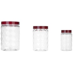 Solimo Plastic Pet Storage Jar and Container, Set of 18 (6 pcs x 300 ml, 6 pcs x 600 ml, 6 pcs x 1.2 ltrs Each), Red Wine | Air Tight | Kitchen Organiser | BPA Free | Stackable